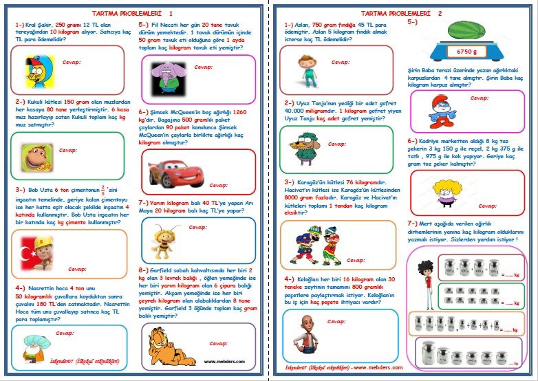 4. Sınıf Matematik Tartma İşlemi Problemleri 1-2 (2 Sayfa)