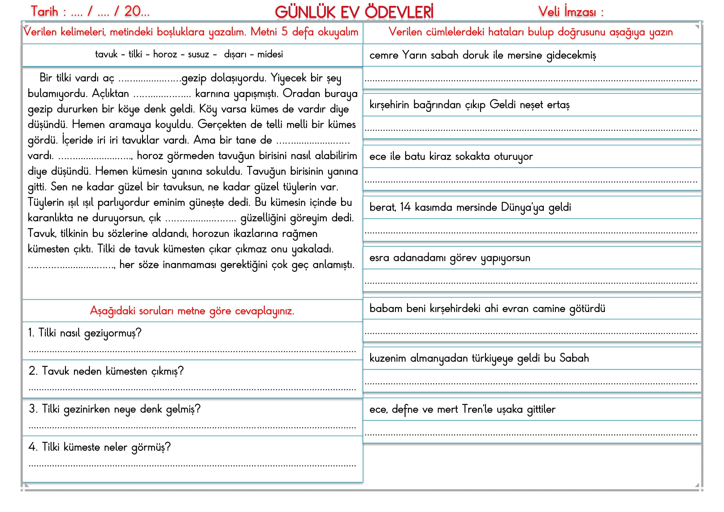 2. Sınıf - 10 Ekim 2025 Günlük Ev Ödevleri