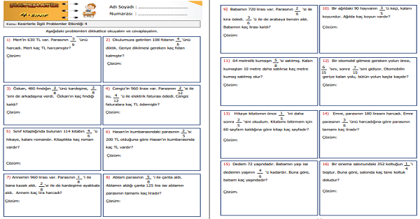 4. Sınıf Matematik Kesirlerle İlgili Problemler Etkinliği 4