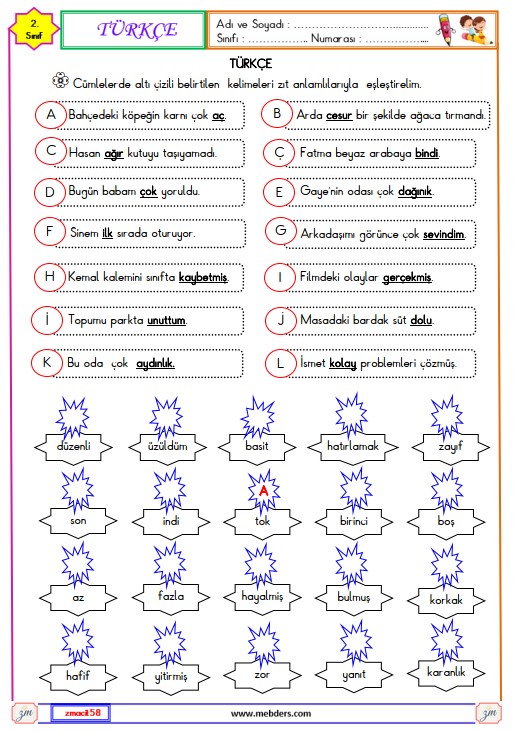 2. Sınıf Türkçe Zıt Anlamlı Kelimeler Etkinliği 2