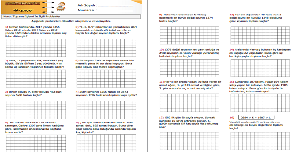 4. Sınıf Matematik Toplama İşlemi ile İlgili Problemler Etkinliği 4