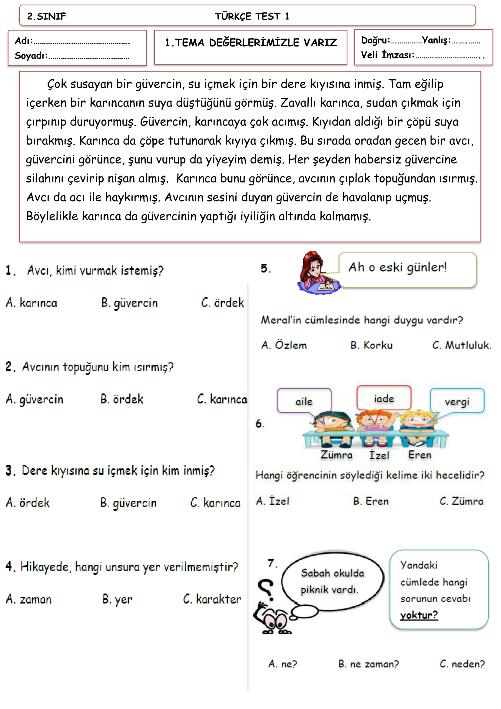 2. Sınıf Türkçe Test 1