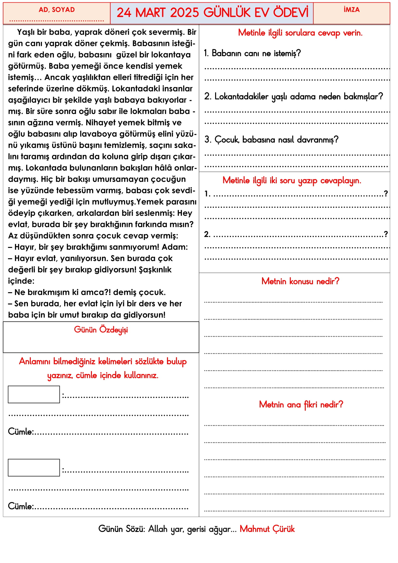 3. Sınıf 24 Mart 2025 Günlük Ev Ödevi