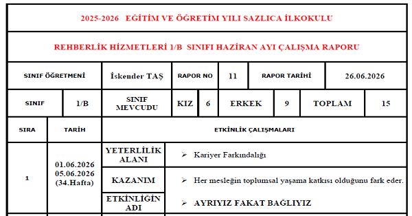 1. Sınıf Rehberlik Haziran Ayı Raporu
