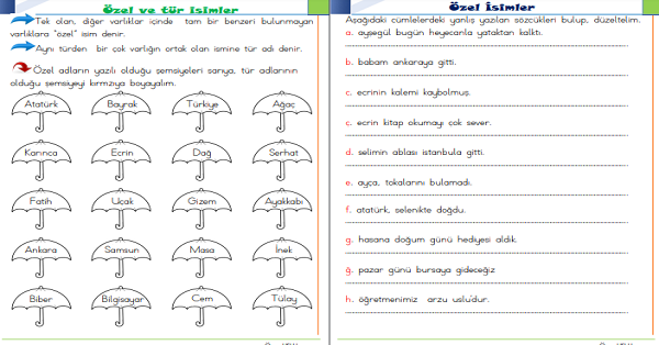 1. Sınıf Türkçe Özel İsimler ve Yazılışları Etkinliği 2