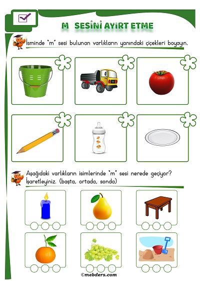 1. Sınıf İlkokuma M Sesi Ayırt Etme Etkinliği