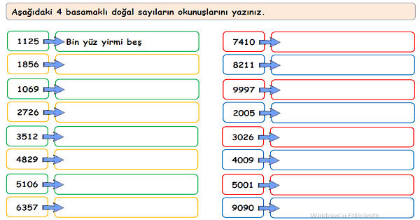 4. Sınıf Matematik Doğal Sayıları Okuma Yazma Etkinliği 1