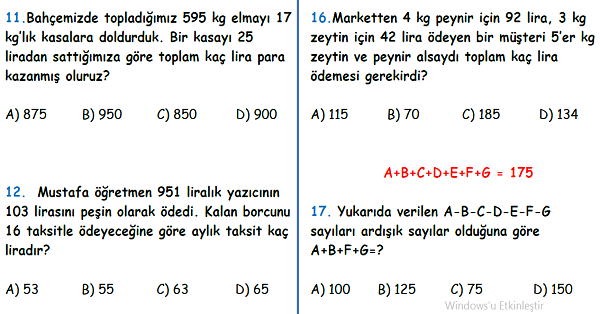 4. Sınıf Matematik Bölme İşlemi Yaprak Test-6