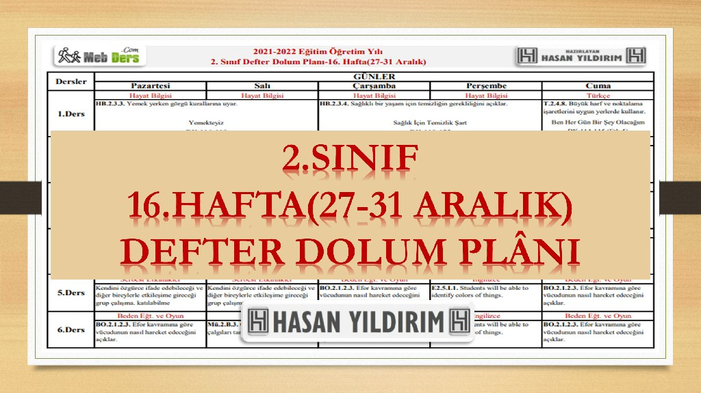 2. Sınıf 16.Hafta(27-31 Aralık) Defter Dolum Planı