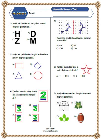 4. Sınıf Matematik Simetri  Kazanım Testi