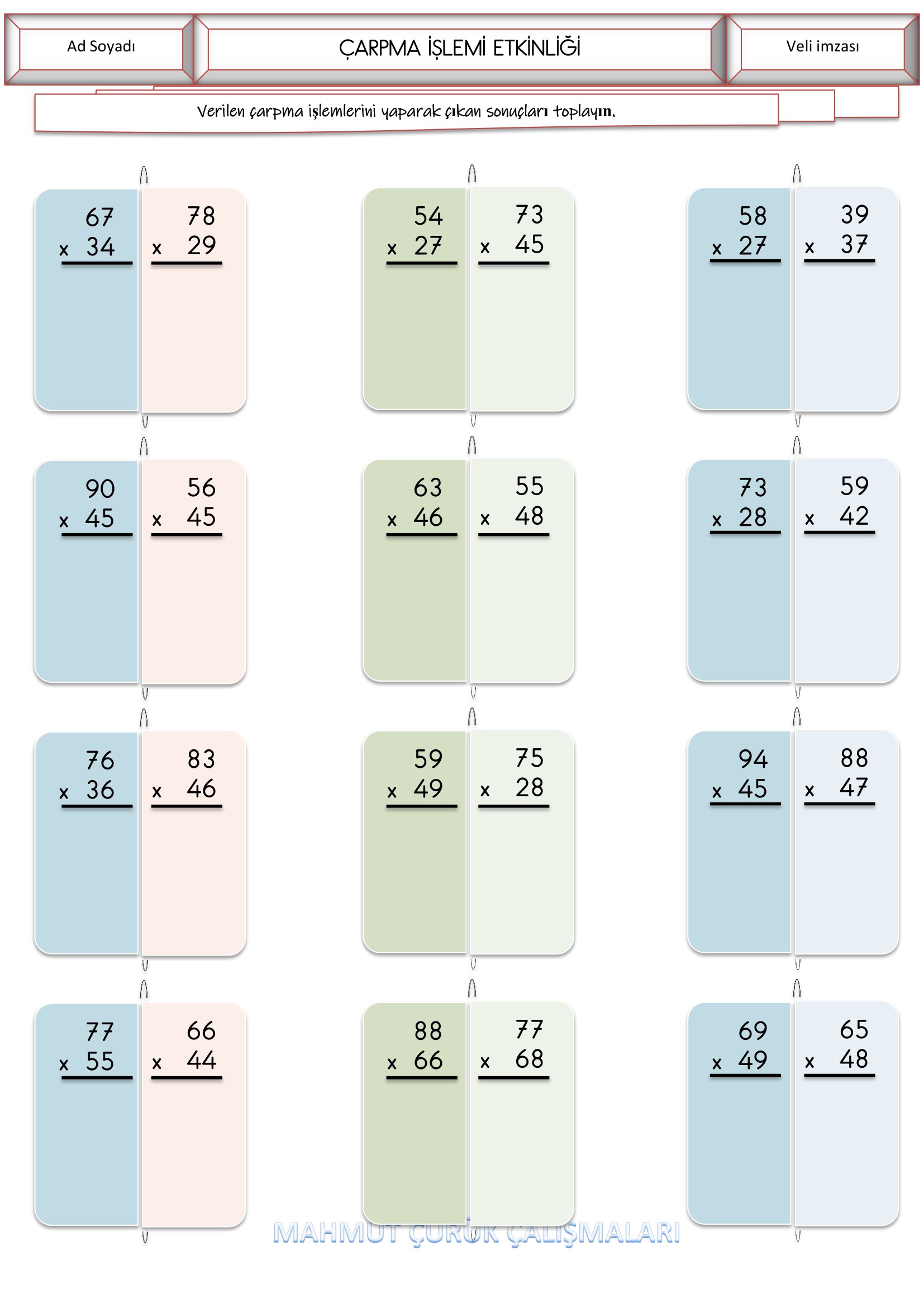 4. Sınıf Matematik Çarpma İşlemi Etkinliği