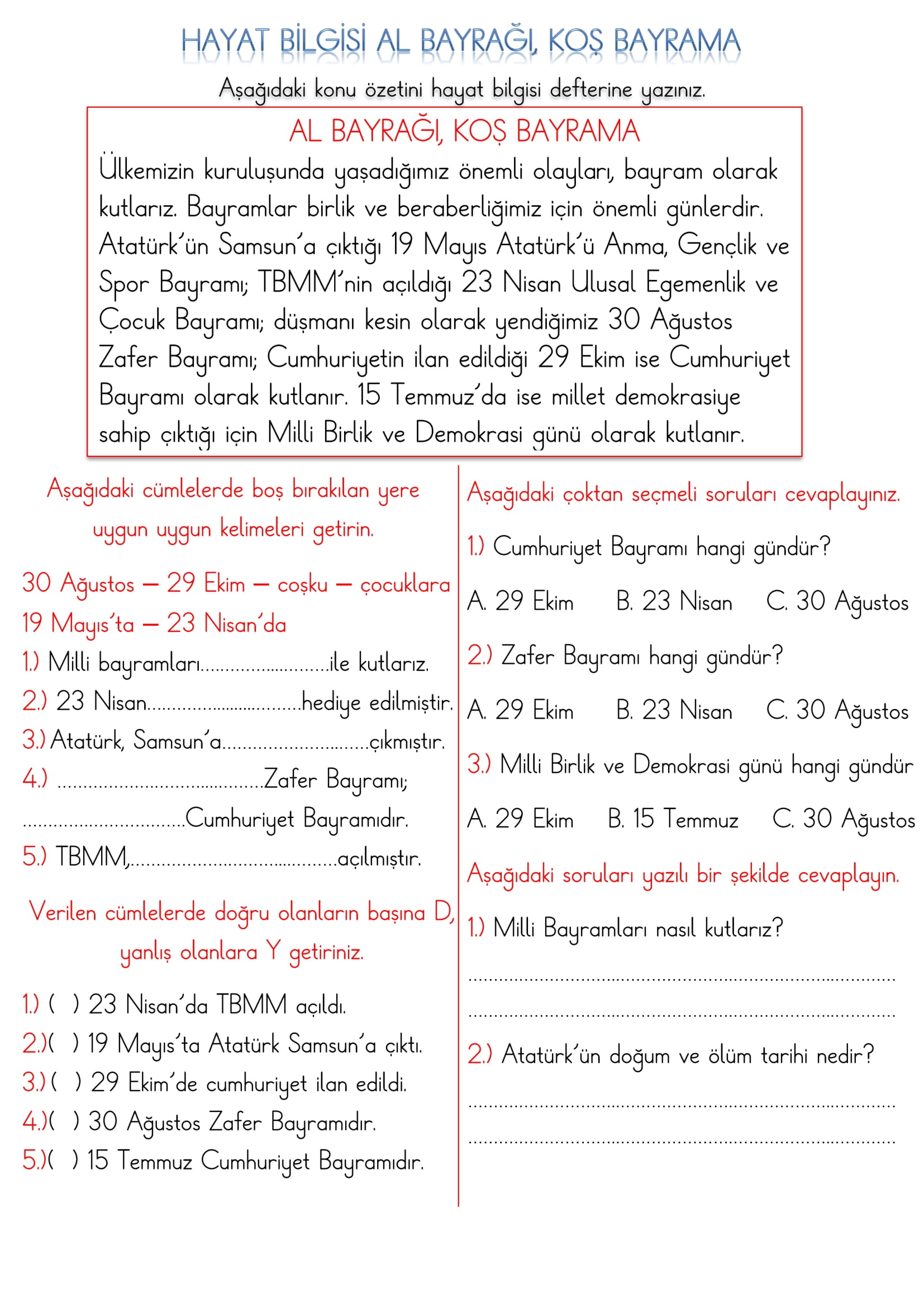 1. Sınıf Hayat Bilgisi Al Bayrağı, Koş Bayrama