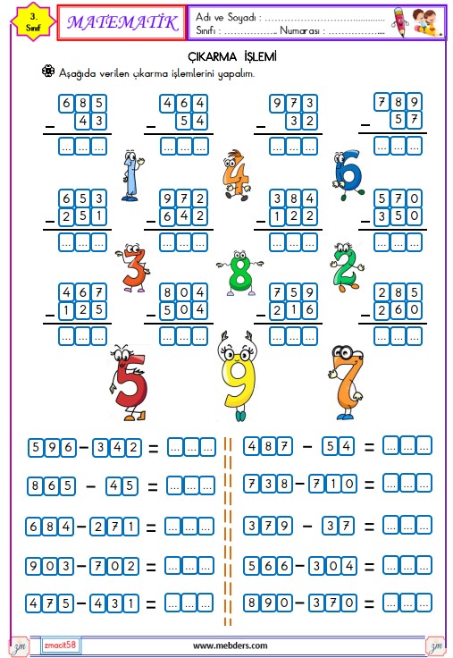 3. Sınıf Matematik Çıkarma İşlemi Etkinliği 1