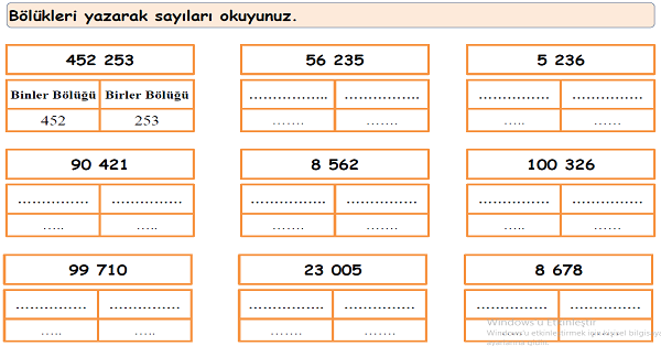 4. Sınıf Matematik Doğal Sayılarda Bölükler - Basamaklar Etkinliği 1
