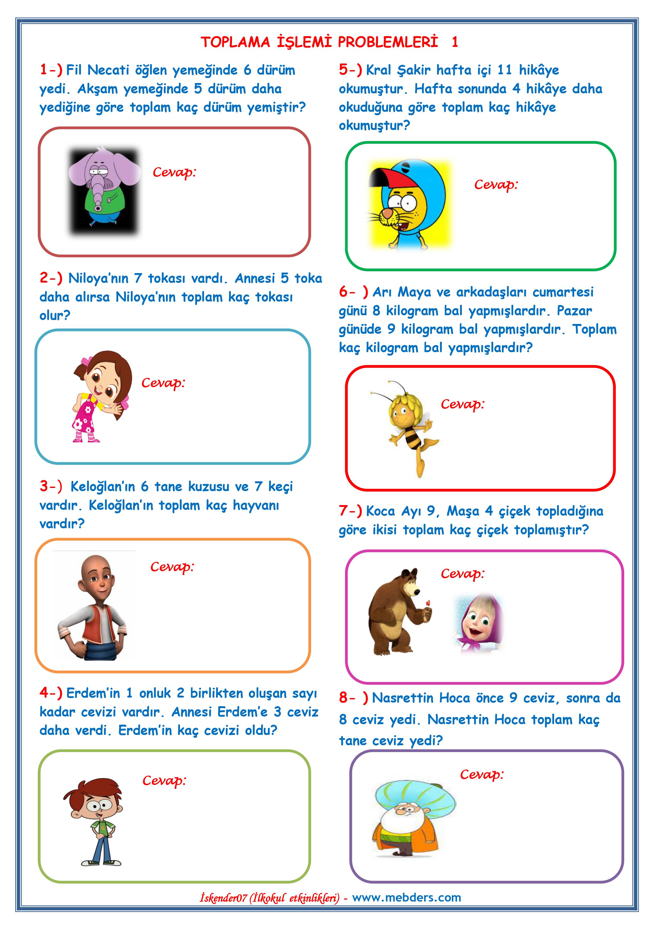 1. Sınıf Matematik Toplama İşlemi Problemleri 1
