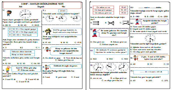 3. Sınıf Matematik Saatler Değerlendirme Testi
