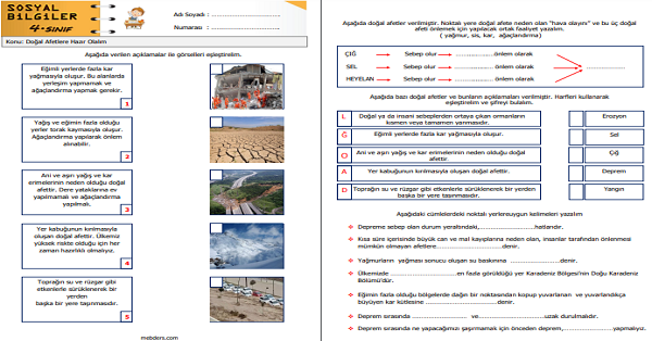 4. Sınıf Sosyal Bilgiler Doğal Afetlere Hazır Olalım Etkinliği 1