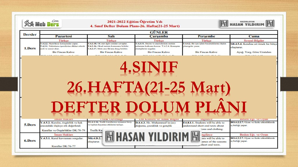 4. Sınıf 26.Hafta(21-25 Mart) Defter Dolum Planı
