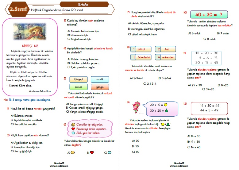 2. Sınıf Haftalık Değerlendirme Testi - 11.Hafta (28 Kasım - 2 Aralık)
