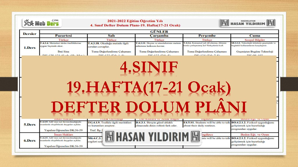 4. Sınıf 19.Hafta(17-21 Ocak) Defter Dolum Planı