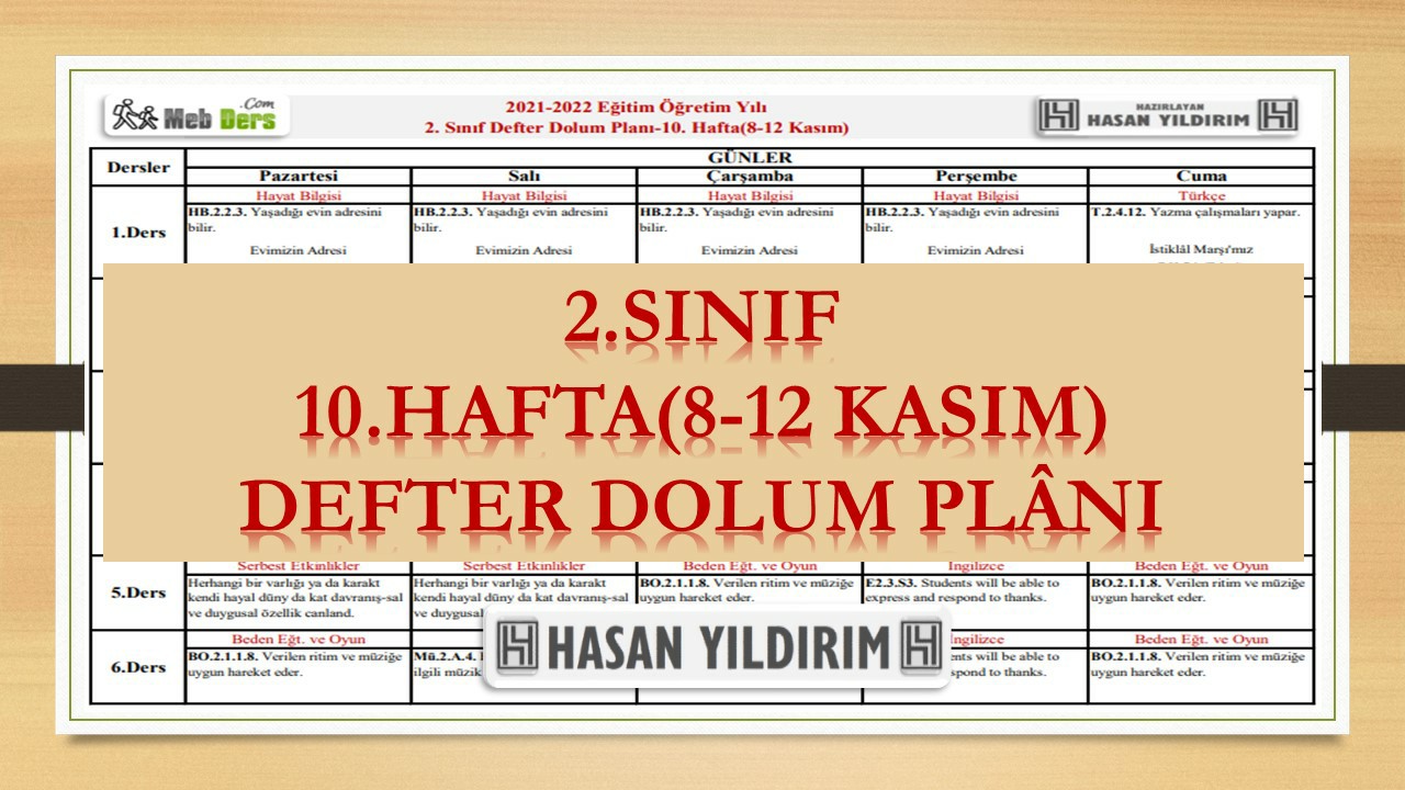 2. Sınıf 10.Hafta(8-12 Kasım) Defter Dolum Planı