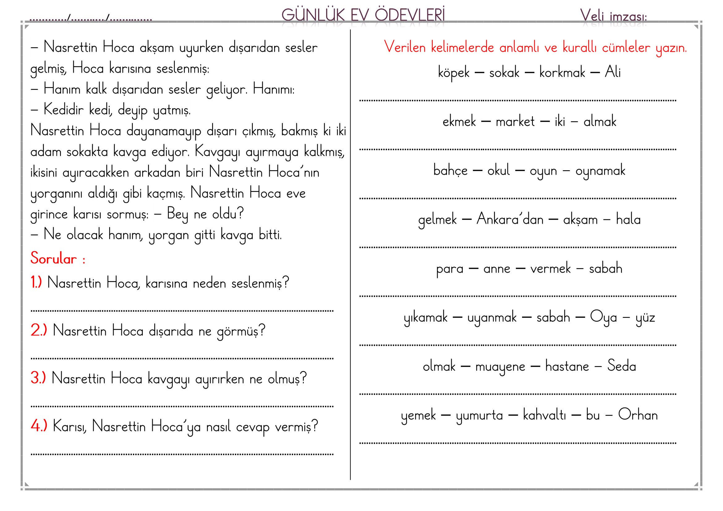 1. Sınıf - 20 Nisan 2026 Günlük Ev Ödevleri
