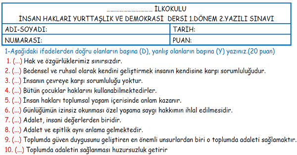 4. Sınıf İnsan Hakları Yurttaşlık ve Demokrasi Dersi 1.Dönem 2.Yazılı Sınavı