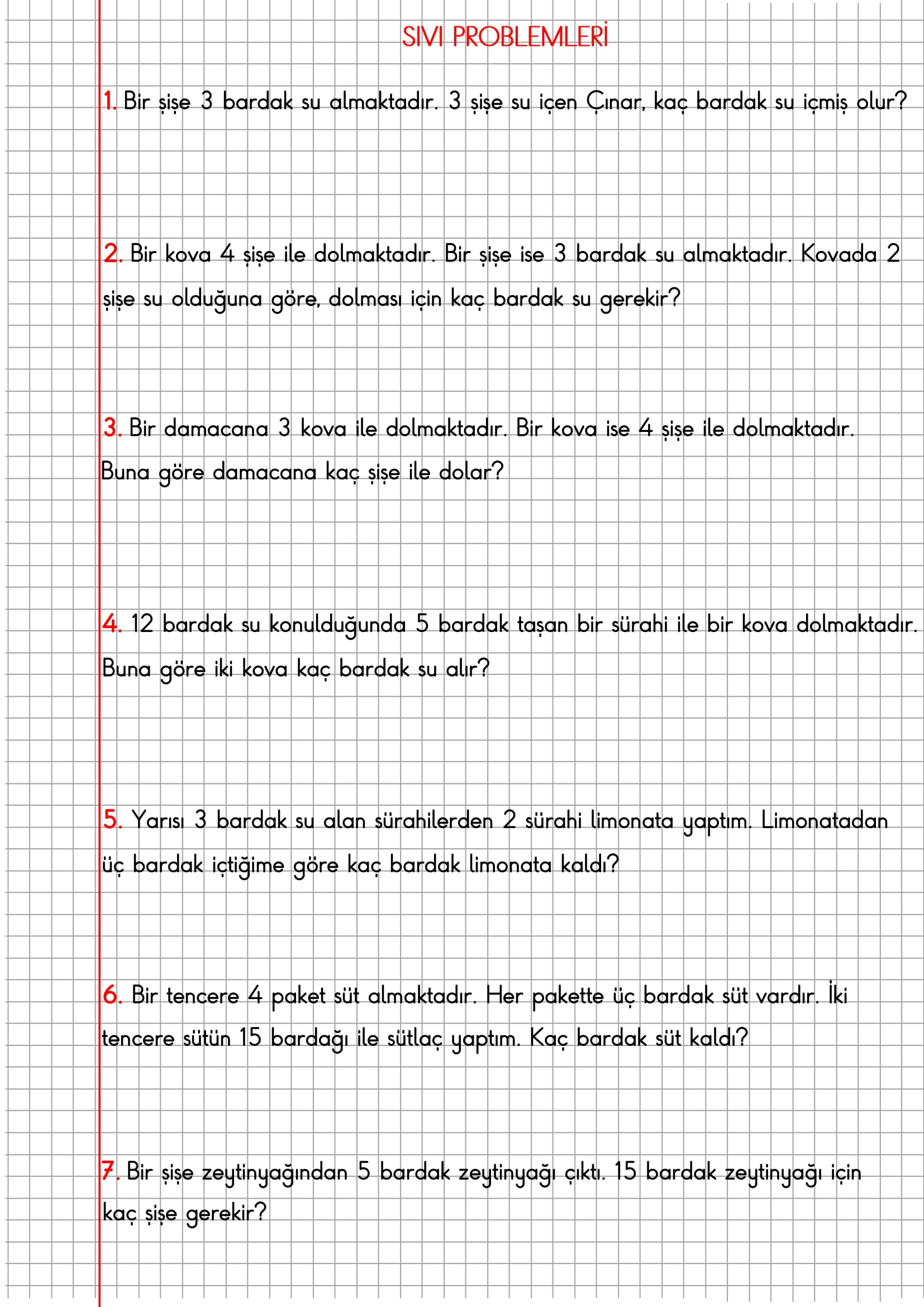 2. Sınıf Matematik Kareli Defterde Sıvı Ölçüsü Problemlerii