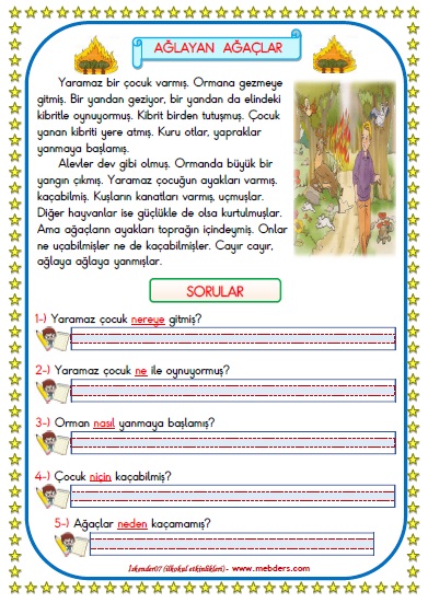 1. Sınıf Türkçe Ağlayan Ağaçlar Okuma Anlama Metin Çalışması 21