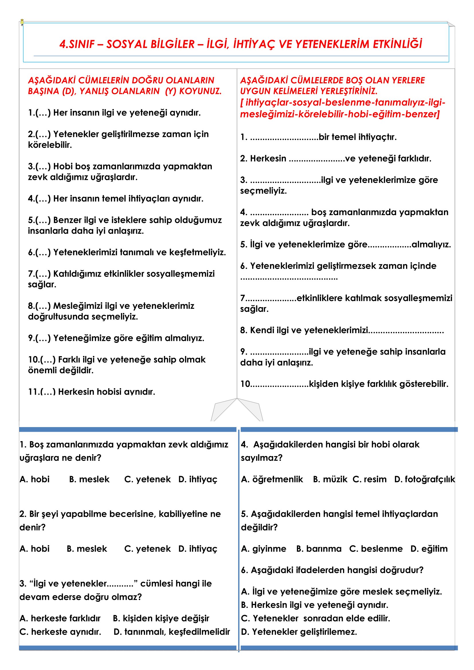 4. Sınıf - Sosyal Bilgiler - İlgi İhtiyaç ve Yeteneklerim Etkinliği