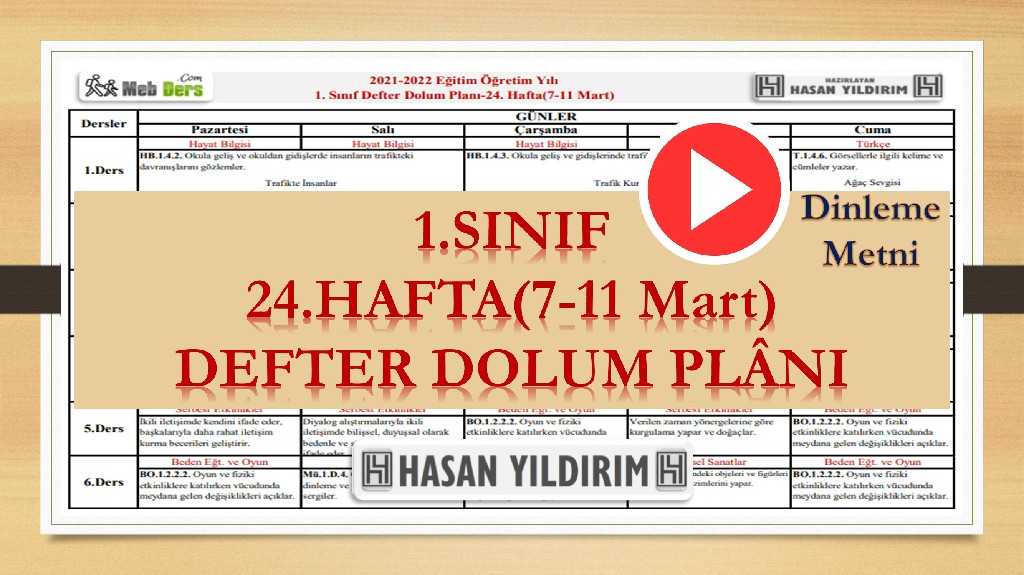 1. Sınıf 24.Hafta(7-11 Mart) Defter Dolum Planı