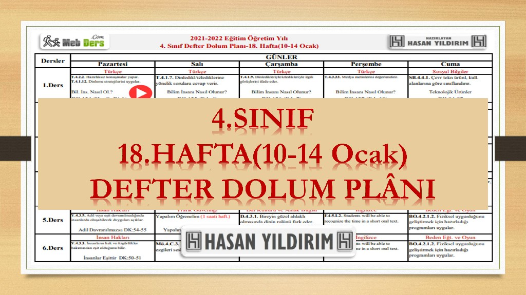 4. Sınıf 18.Hafta(10-14 Ocak) Defter Dolum Planı