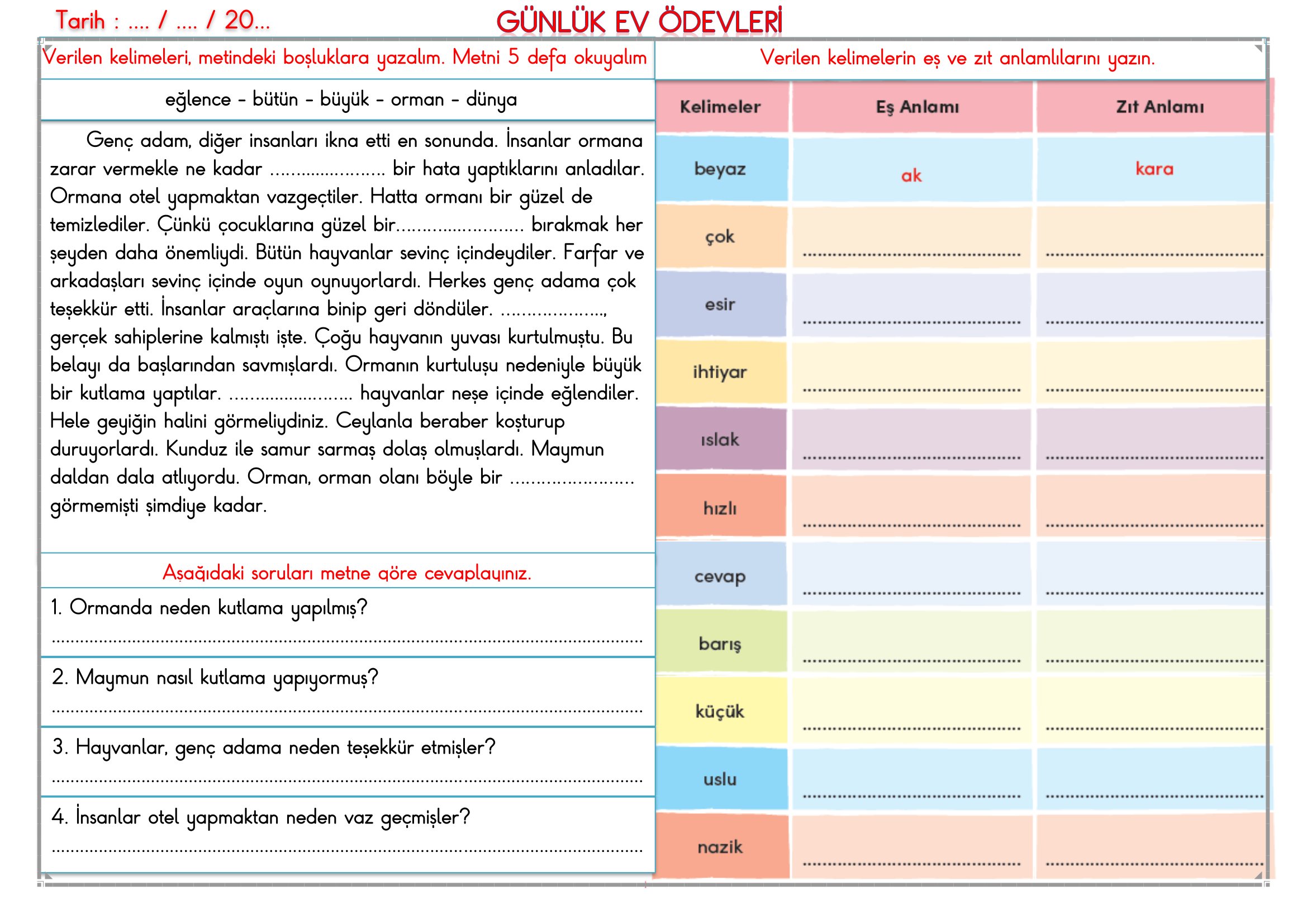 2. Sınıf - 03 Mart 2026 Günlük Ev Ödevleri