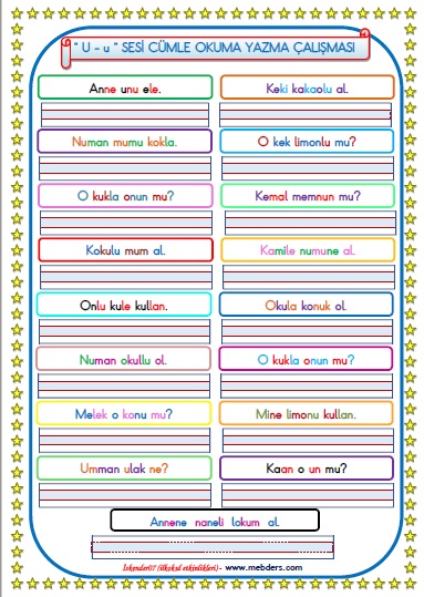 1. Sınıf U-u Sesi Cümle Okuma Yazma Çalışması (17 Farklı Cümle)