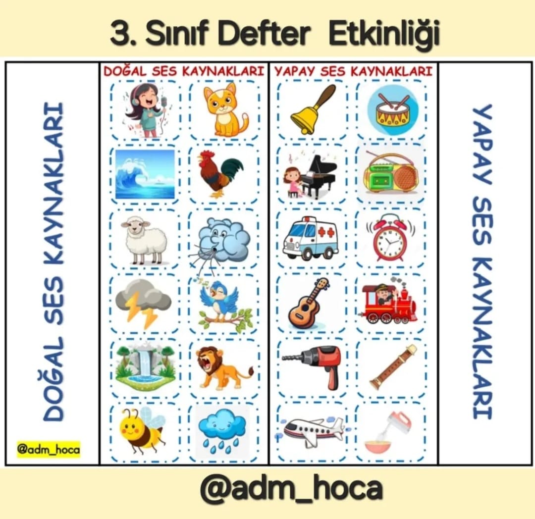 3. Sınıf Fen Bilimleri Doğal ve Yapay Ses Kaynakları Kes-Yapıştır Defter Etkinliği