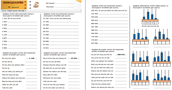 4. Sınıf Matematik Doğal Sayılar Etkinliği 3