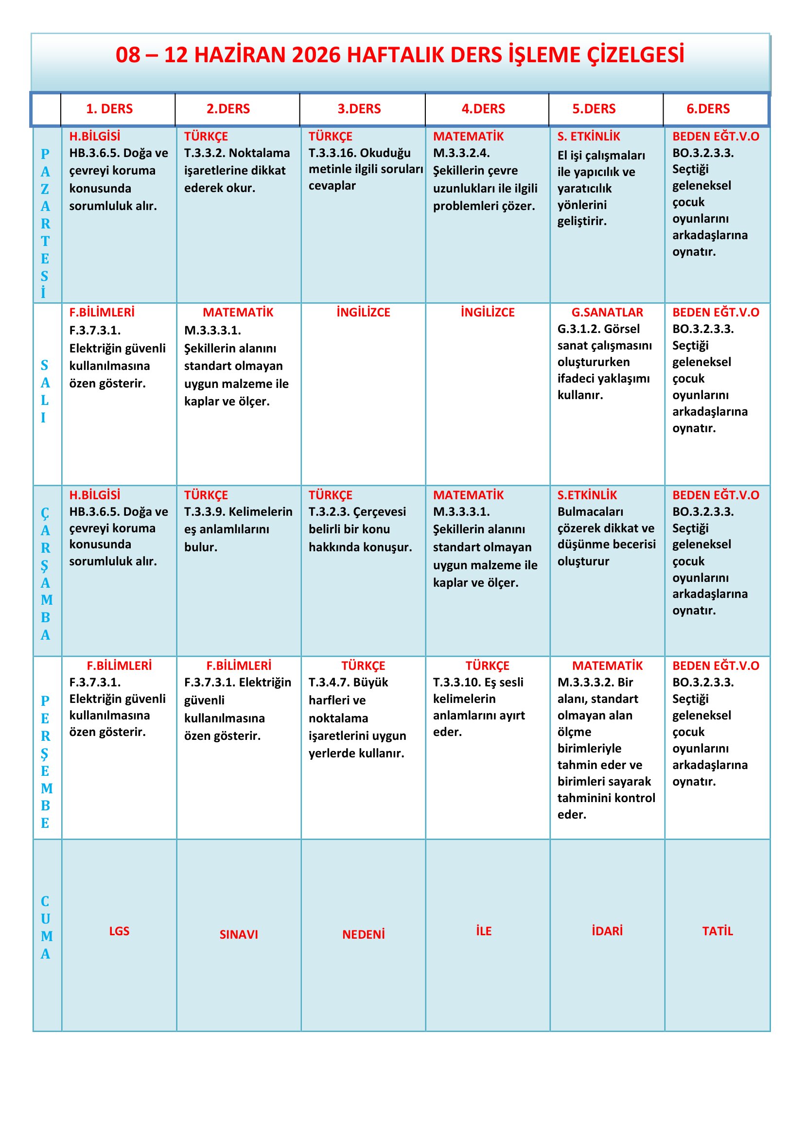 3. Sınıf 08 - 12 Haziran 2026 Haftalık Ders İşleme Çizelgesi.doc