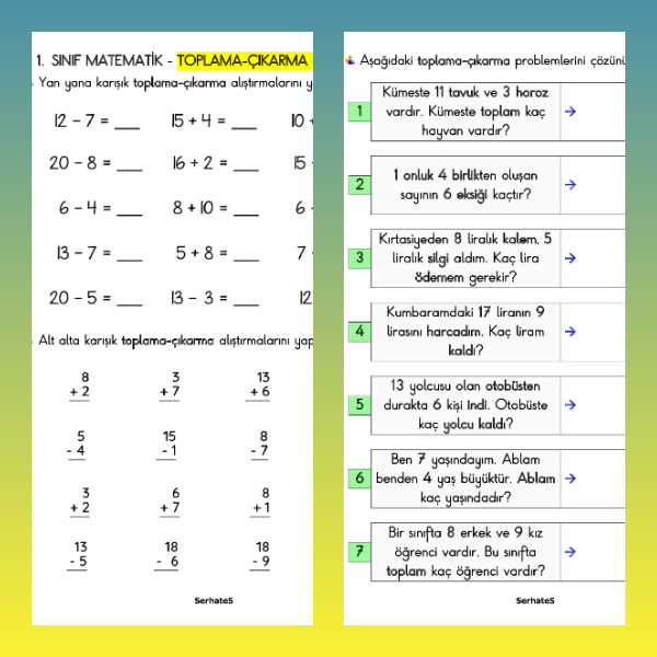 1. Sınıf Matematik Toplama ve Çıkarma Etkinlikleri - 1