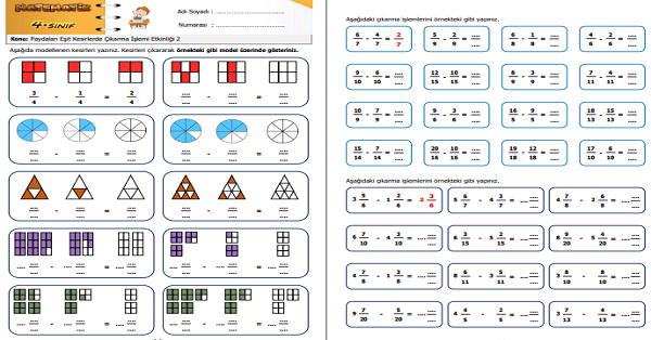 4. Sınıf Matematik Paydaları Eşit Kesirlerde Çıkarma İşlemi Etkinliği 2