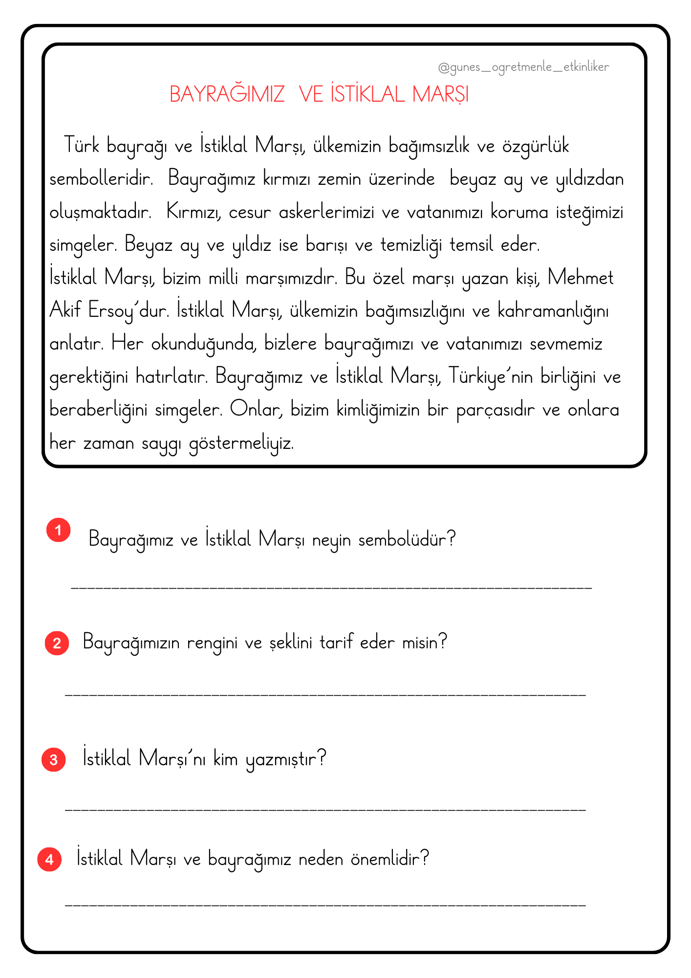 1. Sınıf Hayat Bilgisi İstiklal Marşı ve Bayrağım