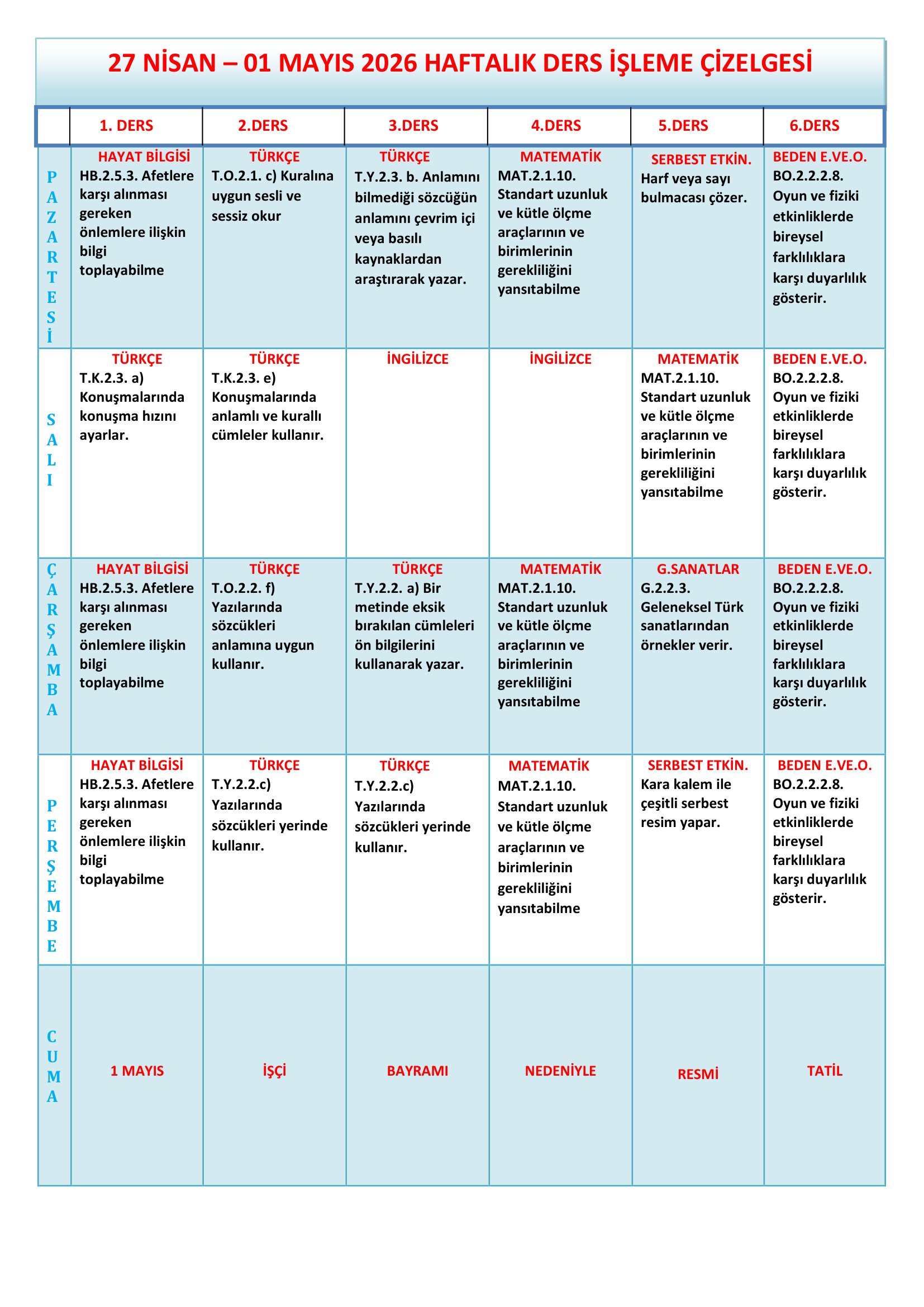 2. Sınıf 27 Nisan - 01 Mayıs 2026 Haftalık Ders İşleme Çizelgesi.doc