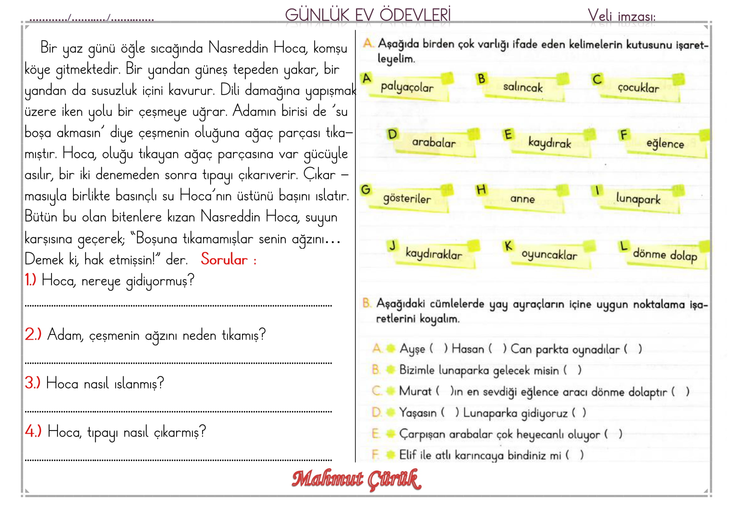 1. Sınıf 13 Haziran 2025 Günlük Ev Ödevi