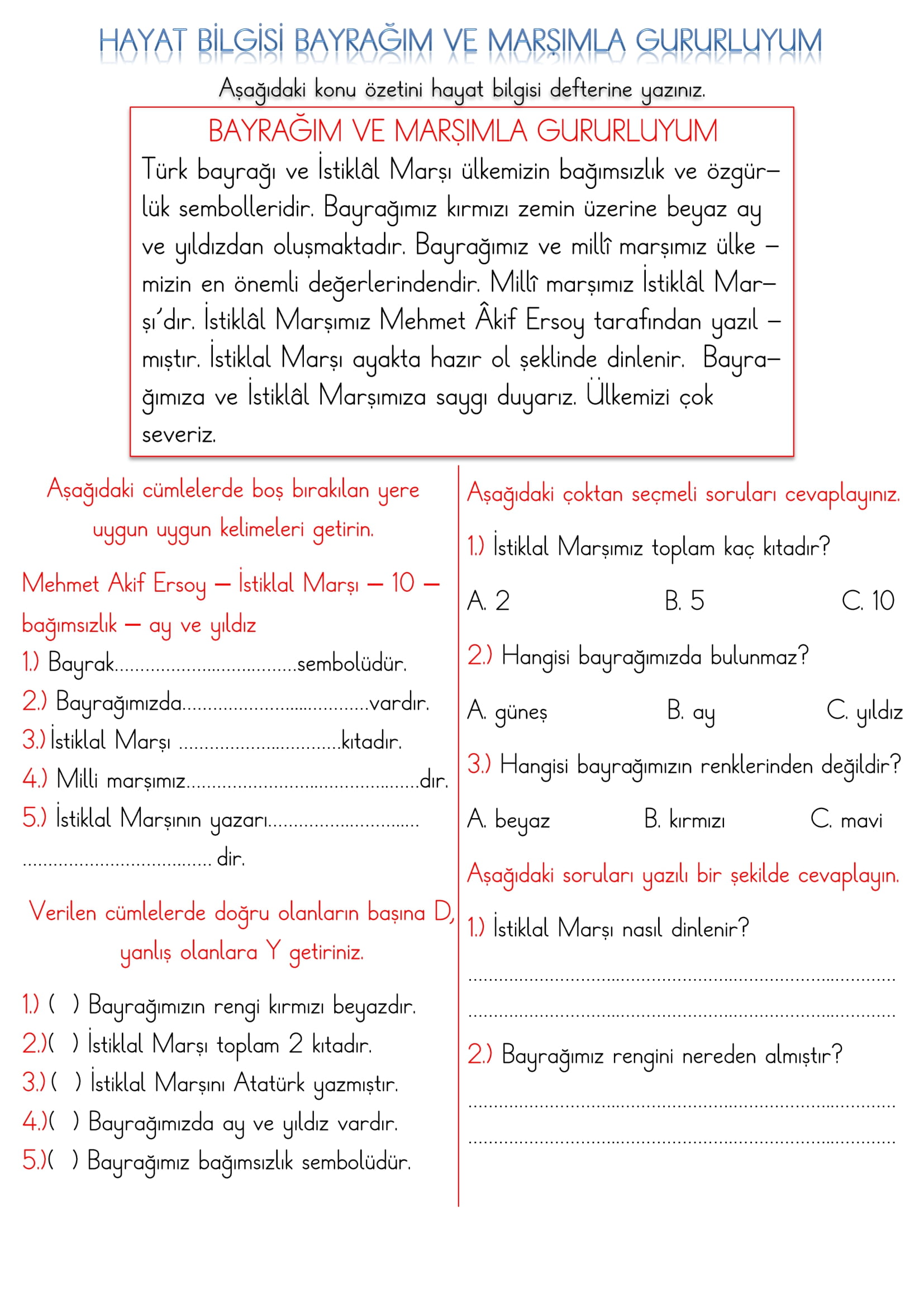 1. Sınıf Hayat Bilgisi Bayrağım ve Marşımla Gururluyum