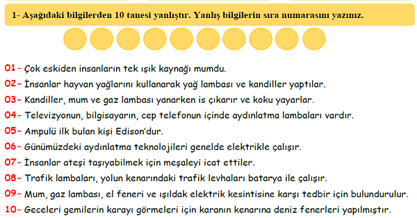 4. Sınıf Fen Bilgisi Aydınlatma ve Ses Teknolojileri Ünitesi Doğru-Yanlış Etkinlikleri