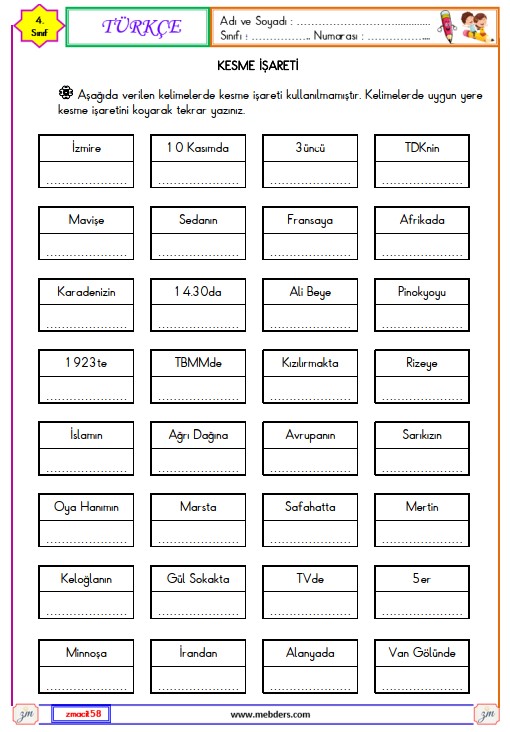 4. Sınıf Türkçe Kesme İşareti Etkinliği 1