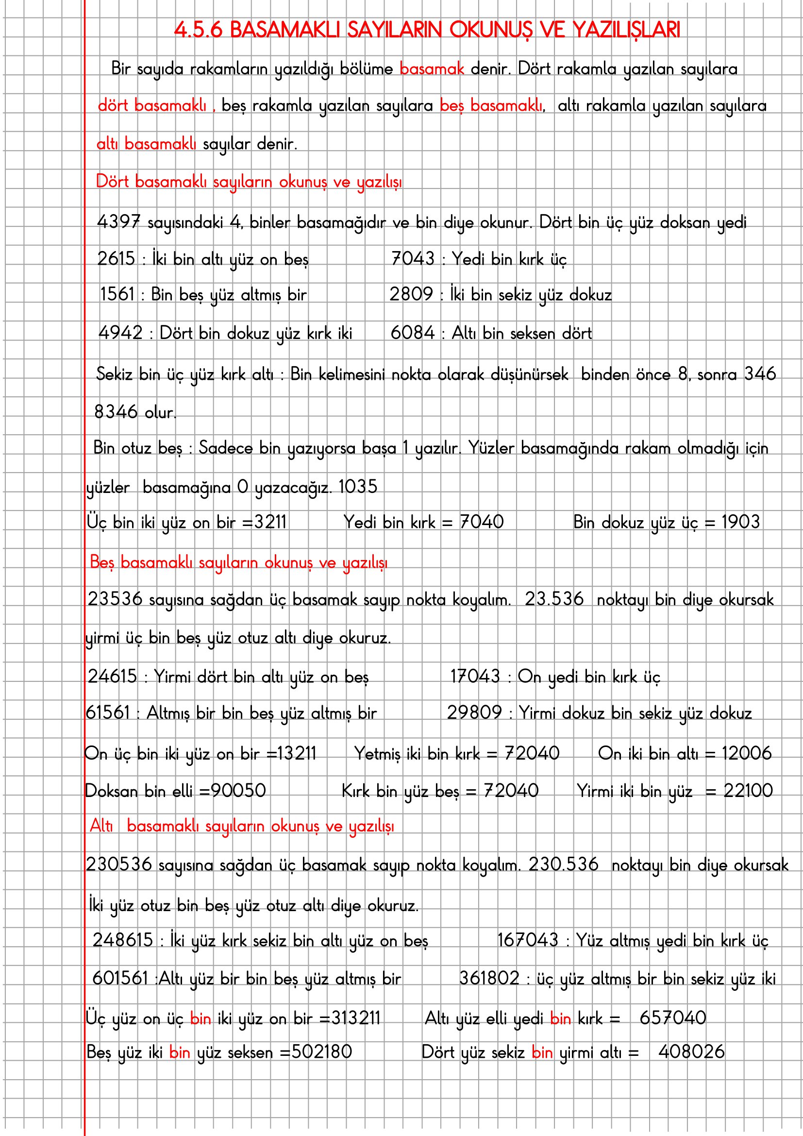4. Sınıf Matematik Kareli Defterde 4.5.6 Basamaklı Sayıların Okunuş ve Yazılışları Konu Anlatımı