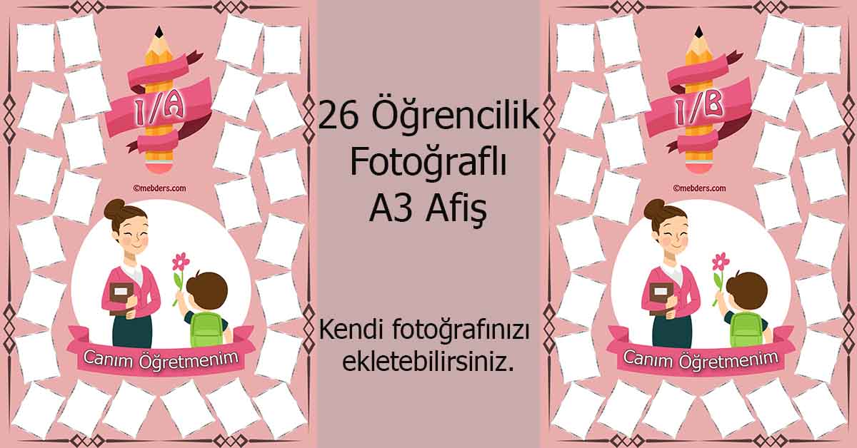 Fotoğraf eklemeli öğretmen ve öğrencilerine özel 1. sınıf afişleri