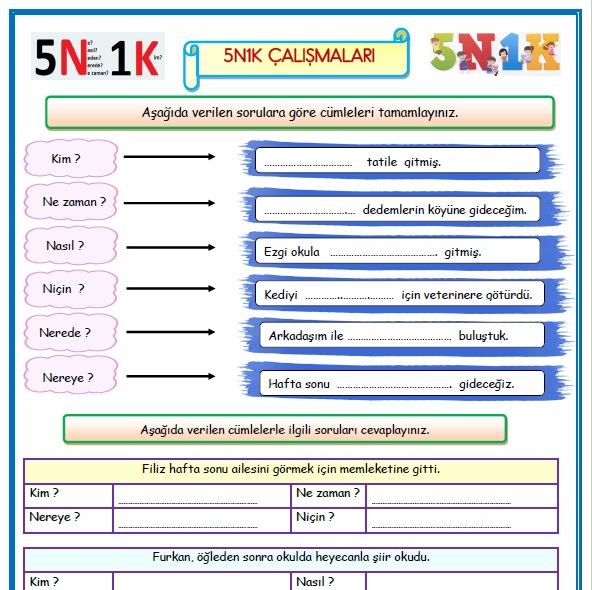 2. Sınıf Türkçe 5N1K Etkinlik Çalışması