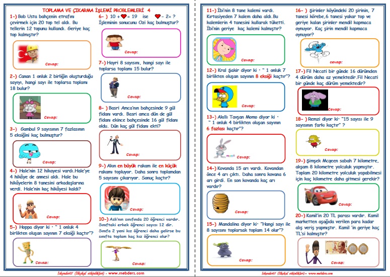 1. Sınıf Matematik Toplama ve Çıkarma İşlemi Problemleri 4 (2 Sayfa - 20 SORU)