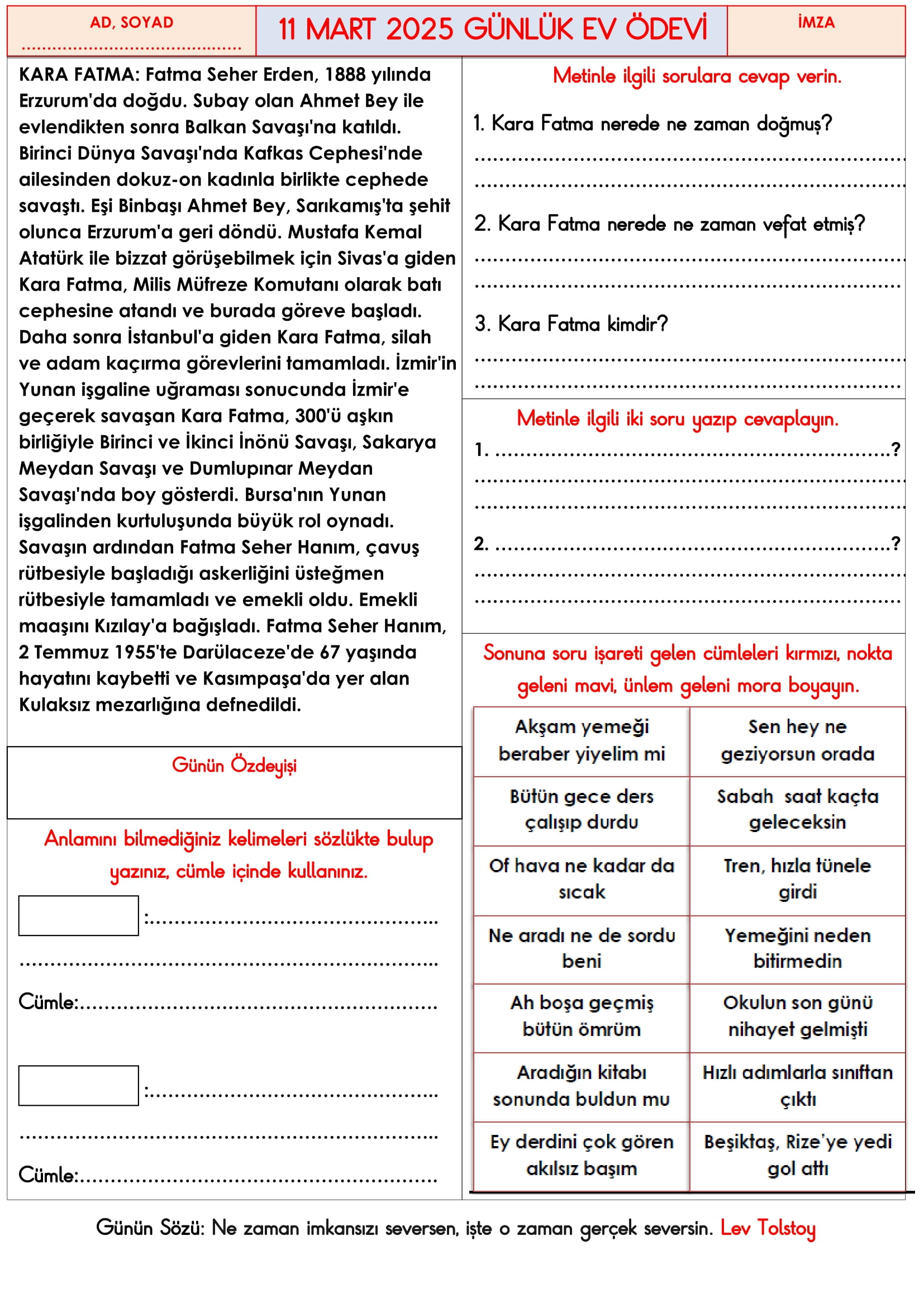 3. Sınıf 11 Mart 2025 Günlük Ev Ödevi